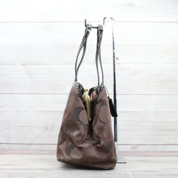 Coach F20105 Signature Brown Kisslock Carry All Purse Satchel Shoulder Bag - Picture 4 of 9